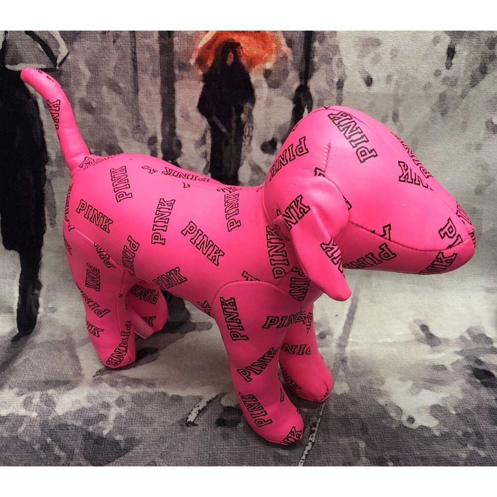 PINK Victoria's Secret LOGO Spell Out Vinyl Stuffed Dog 10x13 Bright Pink